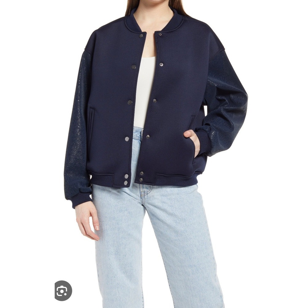 Open Edit Navy Blue Bomber Jacket Faux Leather Sleeve Snap Front Size S